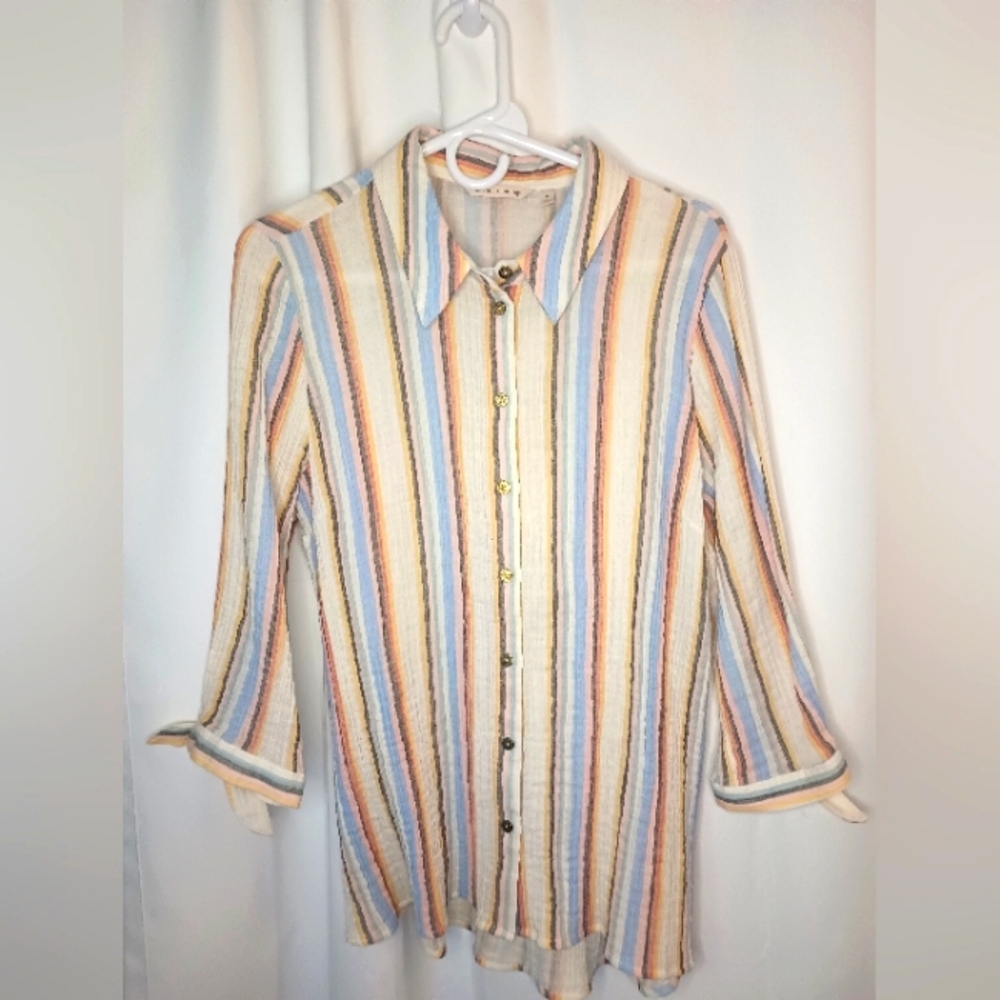 Soft Surroundings Beachy Gauze Rainbow Striped Top Large Petite Gold Buttons